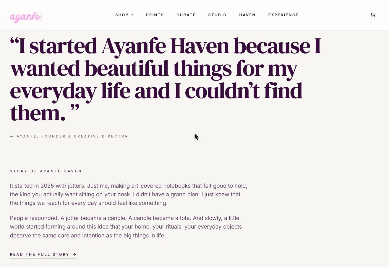 Ayanfe Haven brand story section